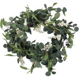 Living and Home Green and White Eucalyptus Leaf Artificial Topiary Wreath 55cm - Size: 55 x 55 x 4cm - Wilko