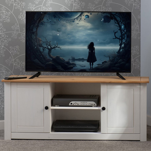 Seconique Panama 2 Door 2 Shelf White and Natural Wax TV Unit - Size: 40 x 120 x 50cm - Wilko - image 1