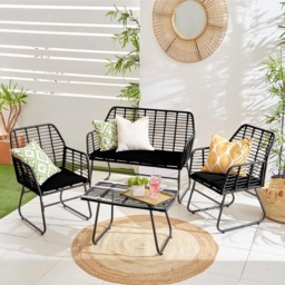 Neo 4 Seater Black Bamboo Style Table Set - Wilko