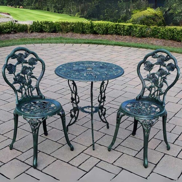 Home Source 2 Seater Green Cast Aluminium Rose Patio Bistro Set - Wilko - image 1