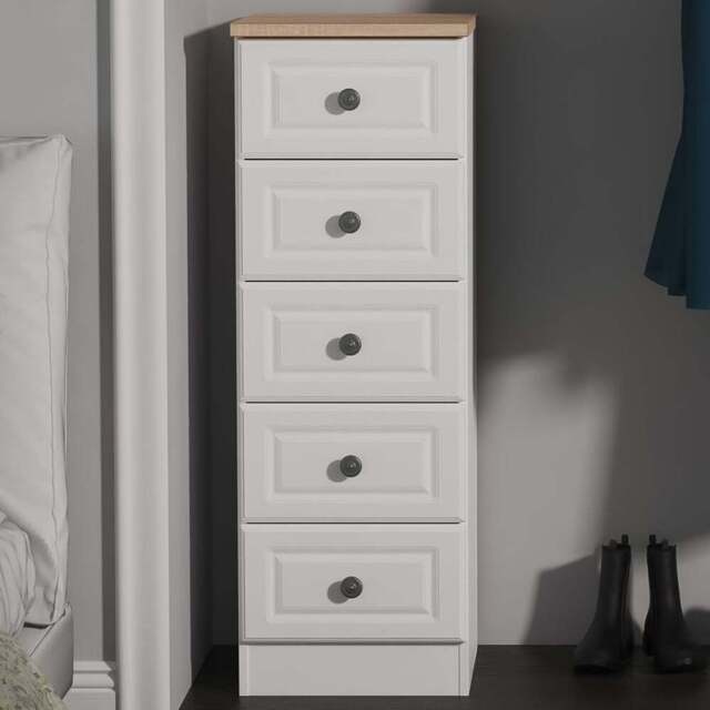 Crowndale Norfolk 5 Drawer White Ash and Bardolino Oak Tall Bedside Cabinet Ready Assembled - White Ash & Bardolino Oak - Wilko - image 1