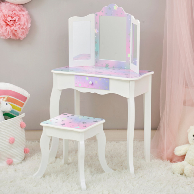 Teamson Kids White and Lavender Starry Sky Print Gisele Medium Vanity and Stool - Size: 99.1 x 33.0 x 66.0cm - White/Lavender - Wilko - image 1