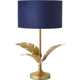 ValueLights Christina Navy Velvet and Gold Palm Leaf Table Lamp with Bulb - Size: 47.5 x 29 x 29cm - Wilko