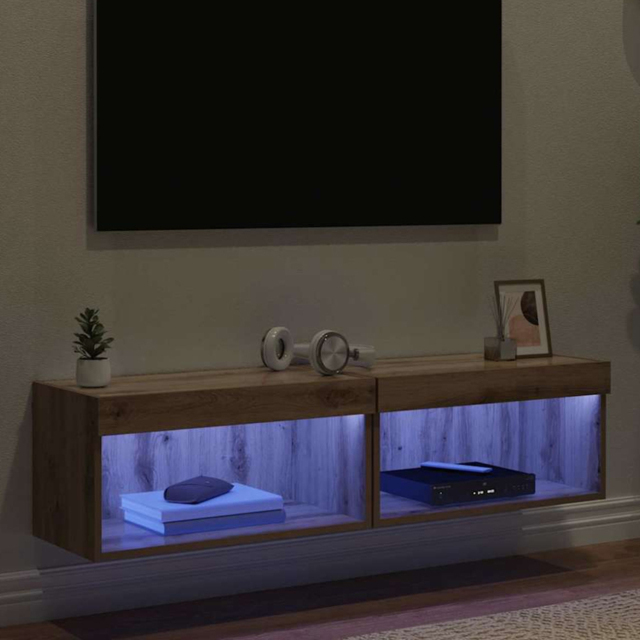 vidaXL Single Shelf Artisan Oak Wall Mounted Wide TV Cabinet with LED Light 2 Pack - Size: 30 x 60 x 30cm - Brown - Wilko - image 1