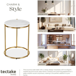 tectake Side Table Ellsa White and Gold Marble Top Side Table - Size: 50.5 x 43 x 43cm - Wilko - thumbnail 6