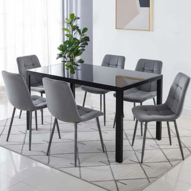 Kosy Koala 6 Seater Velvet Glass Dining Set Grey and Black - Wilko - image 1