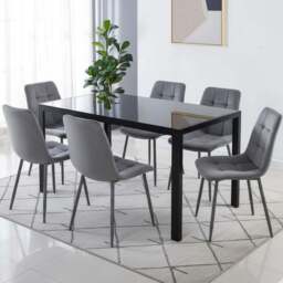 Kosy Koala 6 Seater Velvet Glass Dining Set Grey and Black - Wilko