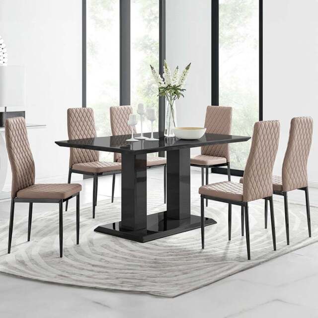 Furniturebox Molini Valera 6 Seater Dining Set Black Gloss and Cappuccino - Brown - Wilko - image 1