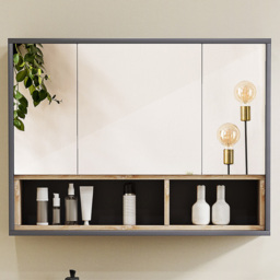 Portland 3 Door 2 Shelf Grey Wall-Mounted Mirrored Bathroom Storage Cabinet - Size: 60 x 20 x 80cm - Wilko - thumbnail 1