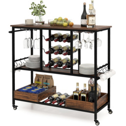 Costway 3 Tier Rustic Brown Bar Cart on Wheels with Glass Racks - Size: 108 x 40 x 91cm - Wilko