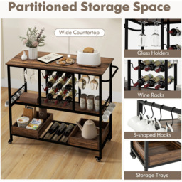 Costway 3 Tier Rustic Brown Bar Cart on Wheels with Glass Racks - Size: 108 x 40 x 91cm - Wilko - thumbnail 6
