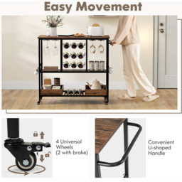 Costway 3 Tier Rustic Brown Bar Cart on Wheels with Glass Racks - Size: 108 x 40 x 91cm - Wilko - thumbnail 7
