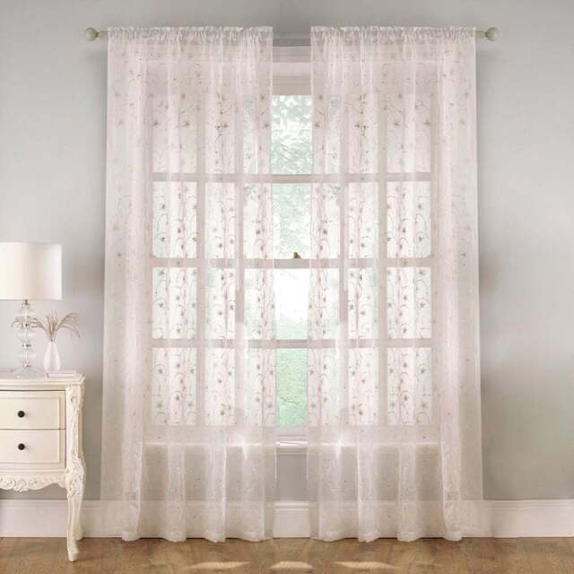 Tyrone Textiles Belle Cream Floral Embroidery Sequins Rod Pocket Voile Panel Curtains 140 x 183cm - Size: W 140 x D 183cm - Wilko - image 1