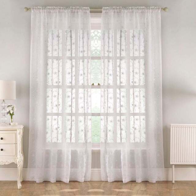 Tyrone Textiles Belle White Floral Embroidery Sequins Rod Pocket Voile Panel Curtains 140 x 183cm - Size: W 140 x D 183cm - Wilko - image 1