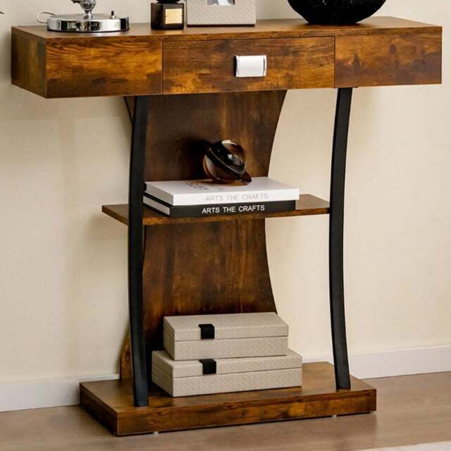 Costway Single Drawer 2 Shelf Brown T Shaped Console Table - Size: 103 x 50 x 16cm - Wilko - image 1