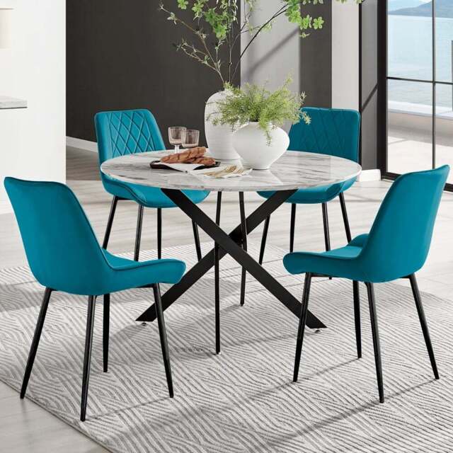Furniturebox Arona Cesano Marble Effect 4 Seater Dining Set White Black and Blue - Wilko - image 1