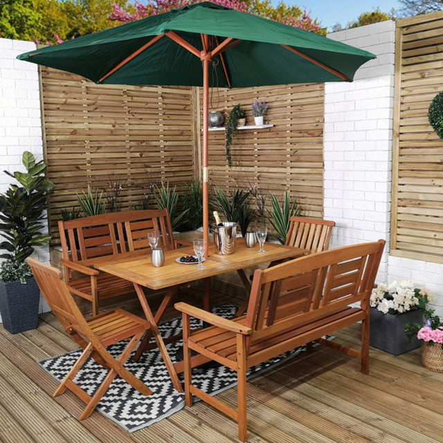 Samuel Alexander Wooden 6 Seater Folding Rectangular Garden Dining Bench Set with Green Parasol - Brown - Wilko - image 1