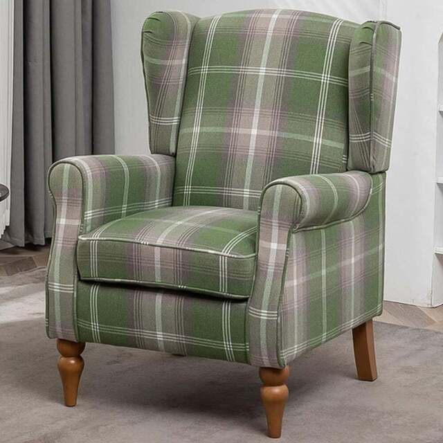 Furniture One Green Check Fabric Wing Back Fireside Armchair - Size: Single - Wilko - image 1