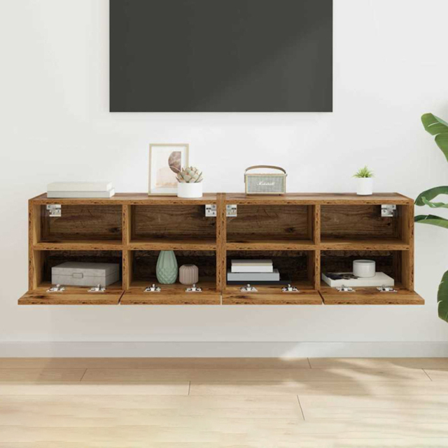 vidaXL 2 Door 2 Shelf Old Wood Wall Mounted TV Unit Set of 2 - Size: 40 x 100 x 34.5cm - Brown - Wilko - image 1