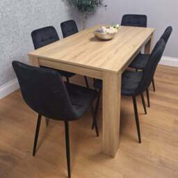 Portland Rocco 6 Seater Velvet Dining Set Wooden Oak Effect and Black - Multi - Wilko
