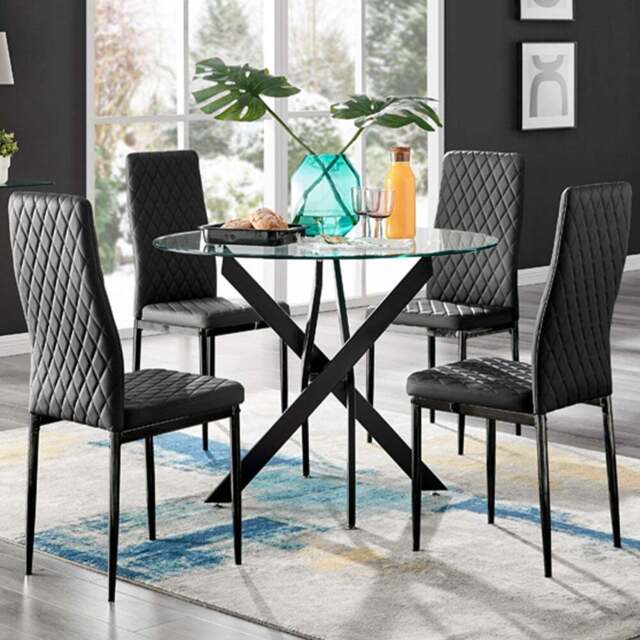 Furniturebox Arona Valera Glass 4 Seater Round Dining Set Black - Wilko - image 1