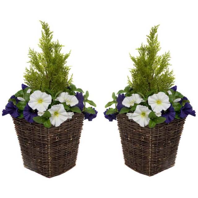 GreenBrokers Artificial Dark Purple and White Petunias Dark Rattan Planters 60cm 2 Pack - Size: 30 x 34 x 60cm - Multi - Wilko - image 1