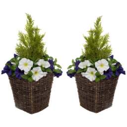 GreenBrokers Artificial Dark Purple and White Petunias Dark Rattan Planters 60cm 2 Pack - Size: 30 x 34 x 60cm - Multi - Wilko