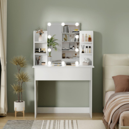 FurnitureHMD Single Drawer 4 Shelf White Wooden Dressing Table with LED Mirror - Size: 140 x 85 x 40cm - Wilko - thumbnail 7