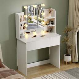 FurnitureHMD Single Drawer 4 Shelf White Wooden Dressing Table with LED Mirror - Size: 140 x 85 x 40cm - Wilko