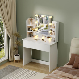 FurnitureHMD Single Drawer 4 Shelf White Wooden Dressing Table with LED Mirror - Size: 140 x 85 x 40cm - Wilko - thumbnail 6
