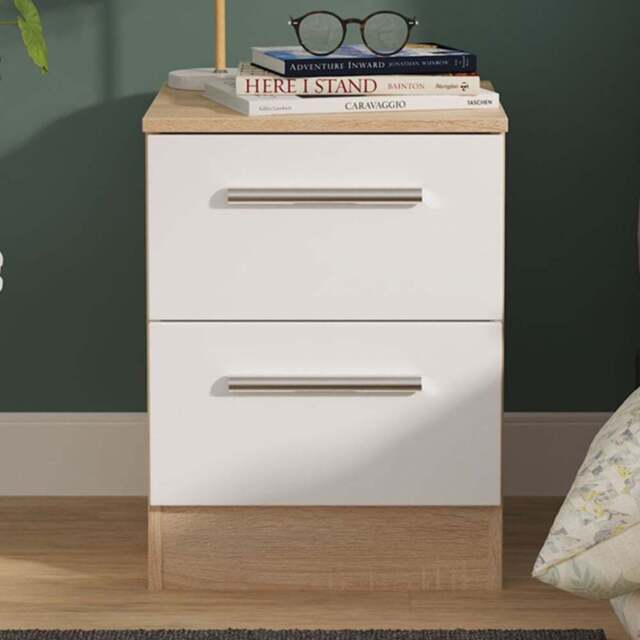 Crowndale Contrast 2 Drawer White Matt and Bardolino Oak Compact Bedside Cabinet Ready Assembled - White Matt & Bardolino Oak - Wilko - image 1