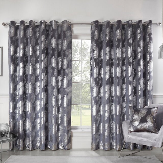 Divante Charcoal Plume Metallic Feather Eyelet Curtains 168 x 183cm - Size: W 168 x D 183cm - Wilko - image 1