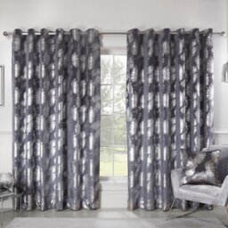 Divante Charcoal Plume Metallic Feather Eyelet Curtains 168 x 183cm - Size: W 168 x D 183cm - Wilko