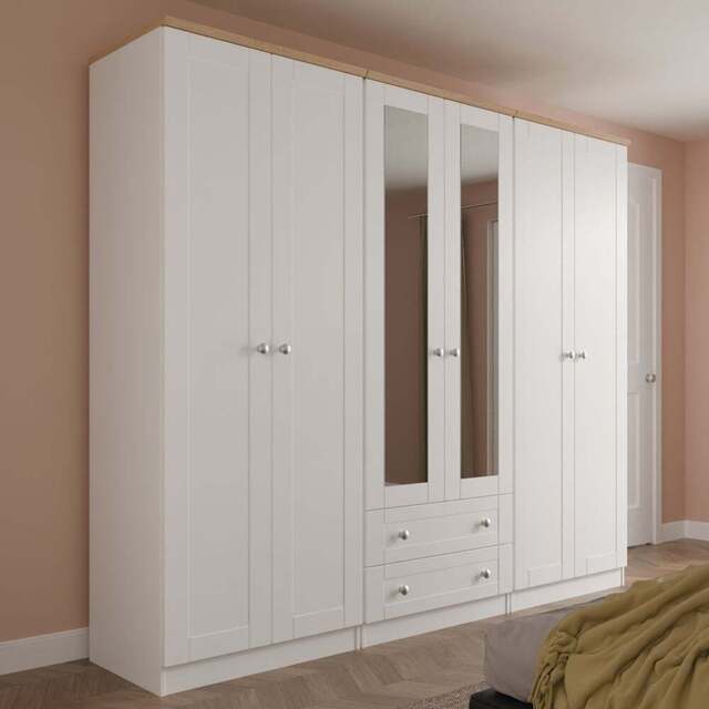 Crowndale Sussex 6 Door 2 Drawer White Ash and Bardolino Oak Tall Mirror Wardrobe Ready Assembled - White Ash & Bardolino Oak - Wilko - image 1