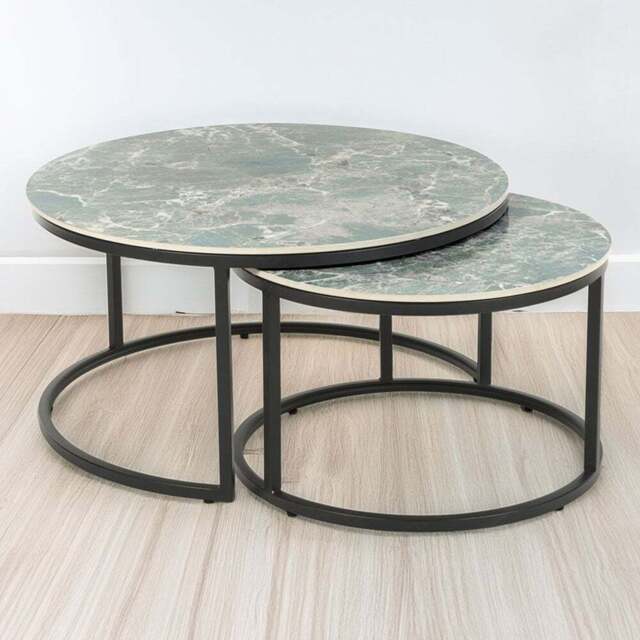 Delta Reflective Green Round Nest of Tables Set of 2 - Size: 45 x 80 x 80cm - Shankar - Wilko - image 1