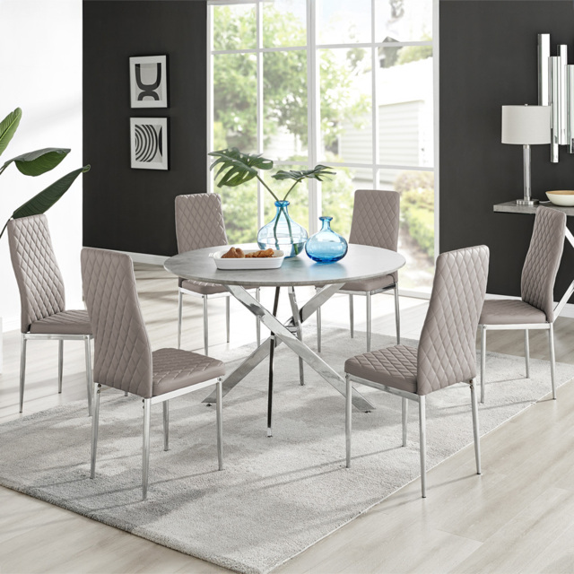 Furniturebox Arona Valera Concrete Effect 6 Seater Round Dining Set Grey Cappuccino and Chrome - Brown - Wilko - image 1