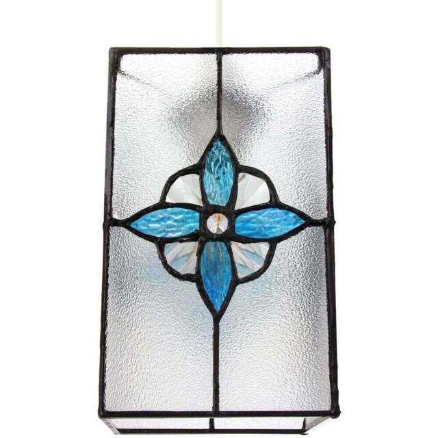 Happy Homewares Clear Glass Traditional Tiffany Style Pendant Shade with Teal Panels - Size: 21 x 14 x 14cm - Green - Wilko - image 1