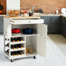 Costway White 3 Door Single Drawer and 3 Wine Racks Rolling Kitchen Cart - Size: 90 x 45 x 26cm - Wilko - thumbnail 7