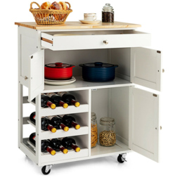 Costway White 3 Door Single Drawer and 3 Wine Racks Rolling Kitchen Cart - Size: 90 x 45 x 26cm - Wilko - thumbnail 6