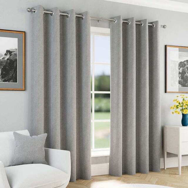 Enhanced Living Grey Herringbone Blackout Eyelet Thermal Curtains 168 x 137cm - Size: W 168 x D 137cm - Wilko - image 1