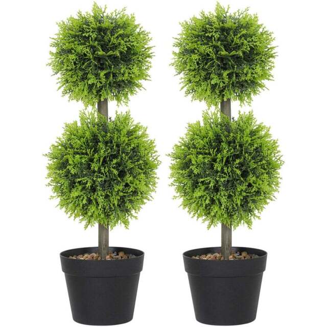 HOMCOM Topiary Cypress Ball Artificial Plant Pot with Pebbles 60cm 2 Pack - Size: 24 x 38 x 64cm - Green - Wilko - image 1