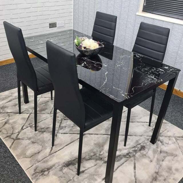 Kosy Koala 4 Seater Glass and Faux Leather Dining Set Black Marble Effect and Black - Portland - Wilko - image 1