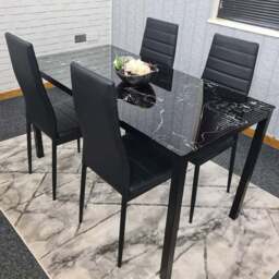 Kosy Koala 4 Seater Glass and Faux Leather Dining Set Black Marble Effect and Black - Portland - Wilko