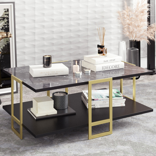 Decorotika Polka 2 Tier Black Marble and Gold Coffee Table - Size: 36.6 x 91.5 x 61.5cm - Multi - Wilko - image 1