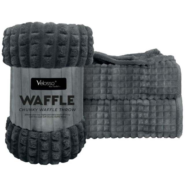 Velosso Charcoal Waffle Plush Throw 200 x 240cm - Size: 200 x 240 x 1cm - Wilko - image 1