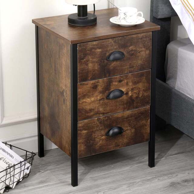 FurnitureHMD 3 Drawer Brown and Black Industrial Wooden Nightstand Set of 2 - Wilko - image 1