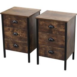 FurnitureHMD 3 Drawer Brown and Black Industrial Wooden Nightstand Set of 2 - Wilko - thumbnail 3