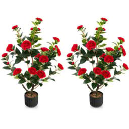 Costway Red Flowers Camellia Tree Artificial Plant In Pot 3.1ft 2 Pack - Size: 100 x 22 x 21cm - Wilko