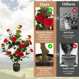 Costway Red Flowers Camellia Tree Artificial Plant In Pot 3.1ft 2 Pack - Size: 100 x 22 x 21cm - Wilko - thumbnail 6