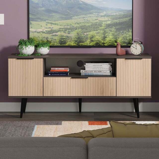 Crowndale Hong Kong 2 Door Single Drawer Slatt Effect and Graphite Wide TV Unit Ready Assembled - Size: 63 x 144 x 39cm - Slatt Effect & Graphite - Wi - image 1